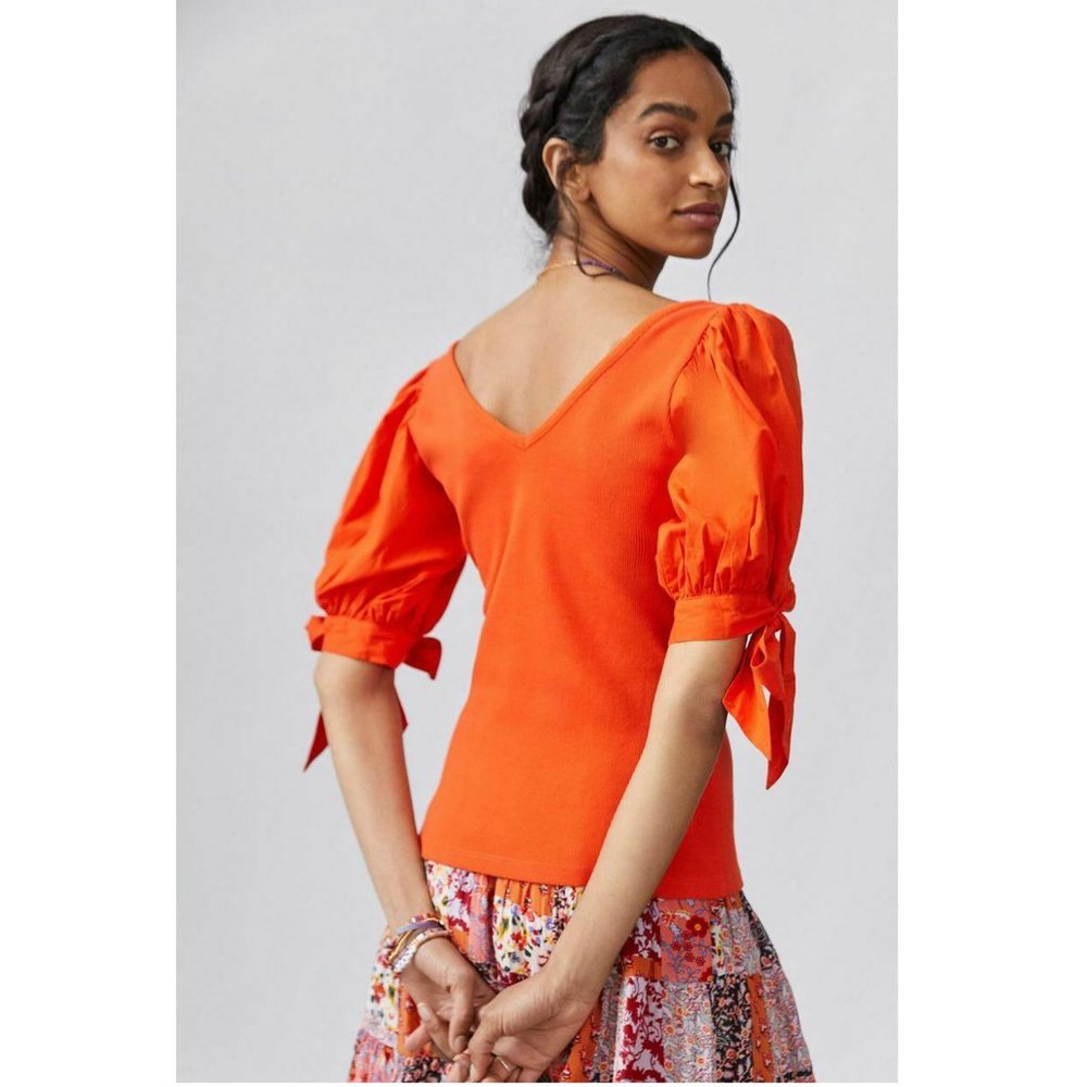 Anthropologie Maeve Orange Puff Sleeve Blouse - size small - Picture 2 of 7